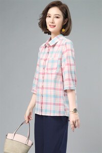 纯棉格子衬衣女款2025新款爆款春秋中老年女士衬衫长袖上衣，女装衬衫，奕阳依阁