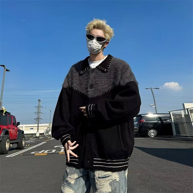 撞色拼接针织开衫男高级感宽松休闲慵懒风翻领毛衣外套潮3311P60,男装针织衫/毛衣,星座410-2