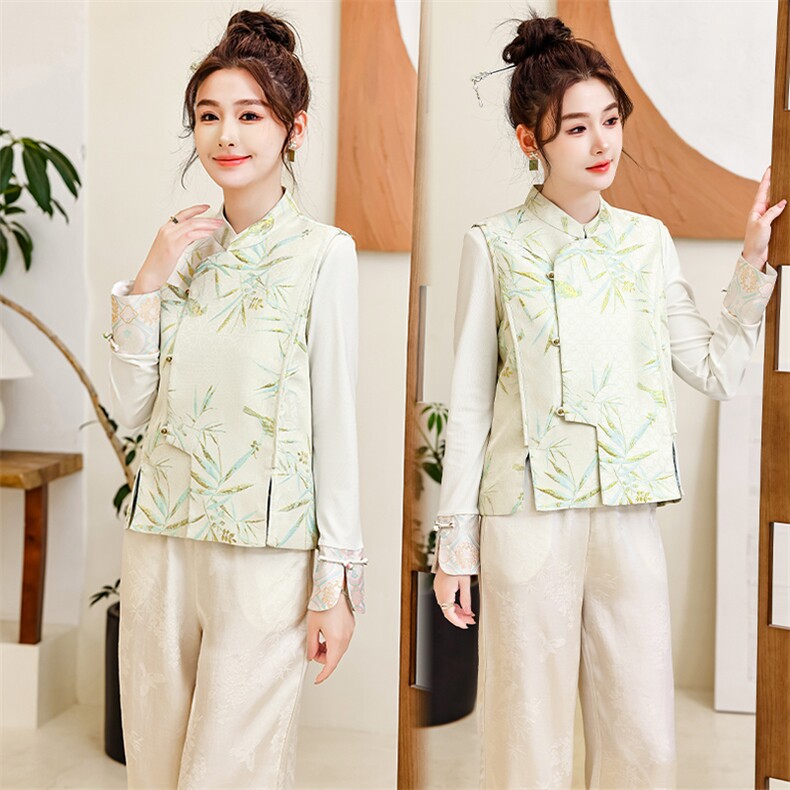 水衣源2360T新中式提花马甲配针织刺绣打底衫两件套，女装套装/套裙，水衣源