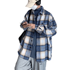 厚格子衬衫男秋季潮牌ins宽松毛呢料衬衣休闲帅气外套DX159P65，男装衬衫，电商B413-1