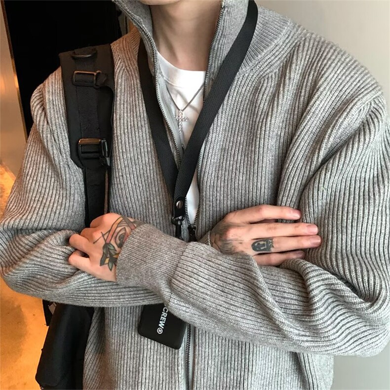 抖音得物保暖立领拉链针织外套秋冬宽松慵懒风纯色毛衣上衣AM02,男装针织衫/毛衣,电商A443