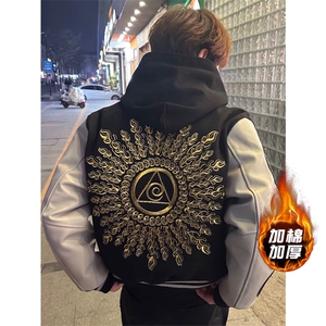 美式刺绣太阳之眼黑色夹棉棒球服夹克外套男A439-常规P68 加棉P78图片