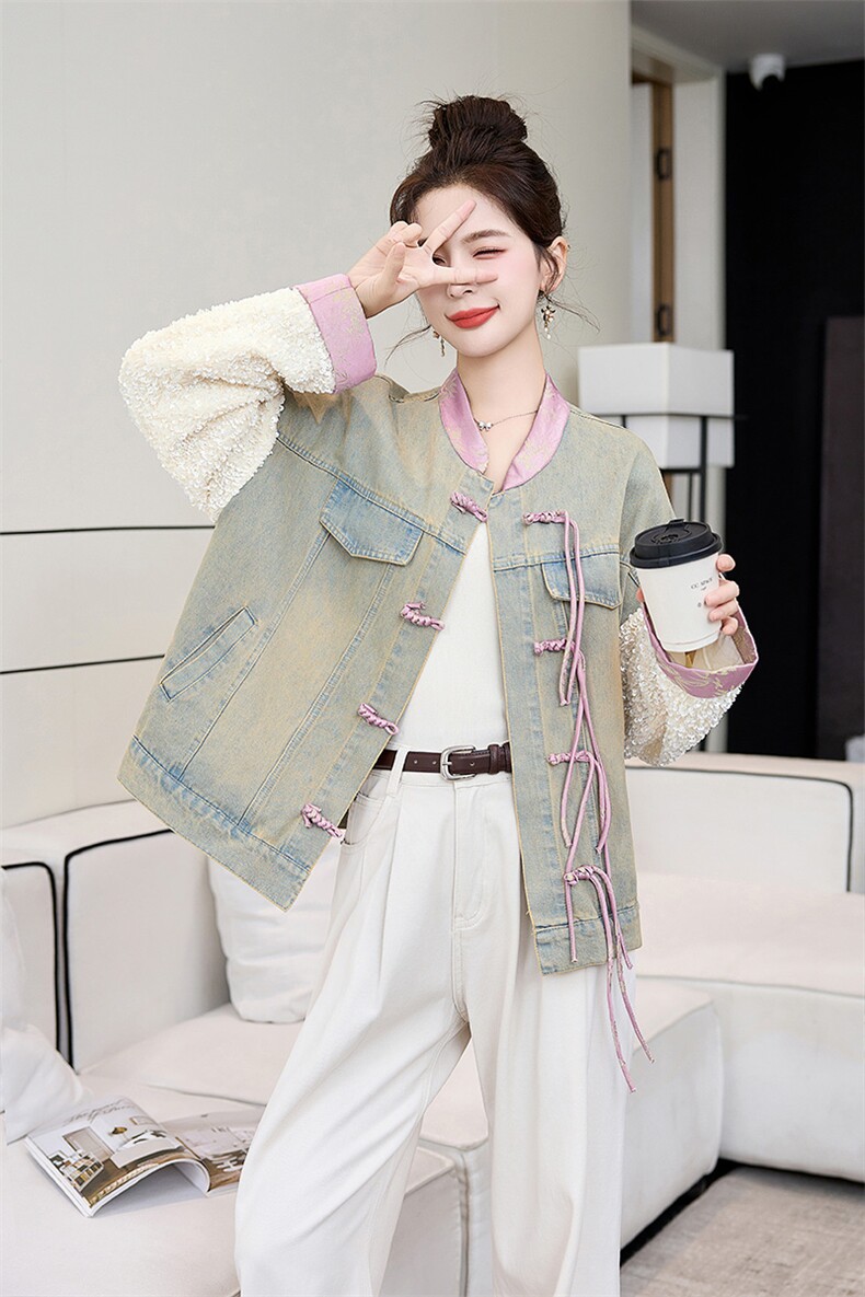 欧版牛仔外套女亮片拼接上衣2024春季新中式紫色宽松牛仔衣,女装短外套,伊仟回