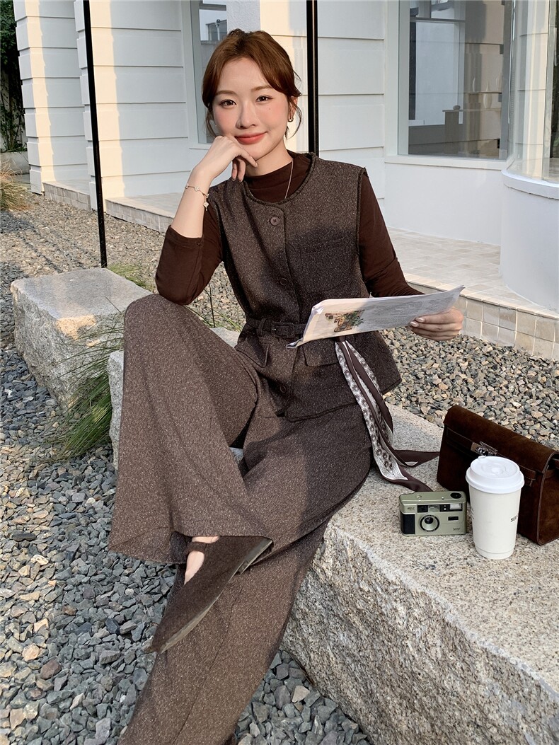 主推现货时髦减龄遮肉显瘦凸显甜酷气质设计感马甲三件套丝巾腰带,女装套装/套裙,尚娜萱