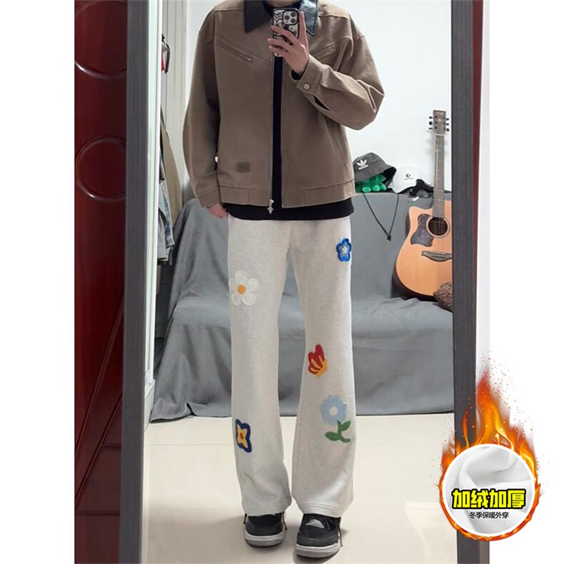 抖音得物高品质秋冬季重磅花卉刺绣潮流运动宽松加绒直筒休闲卫裤图片