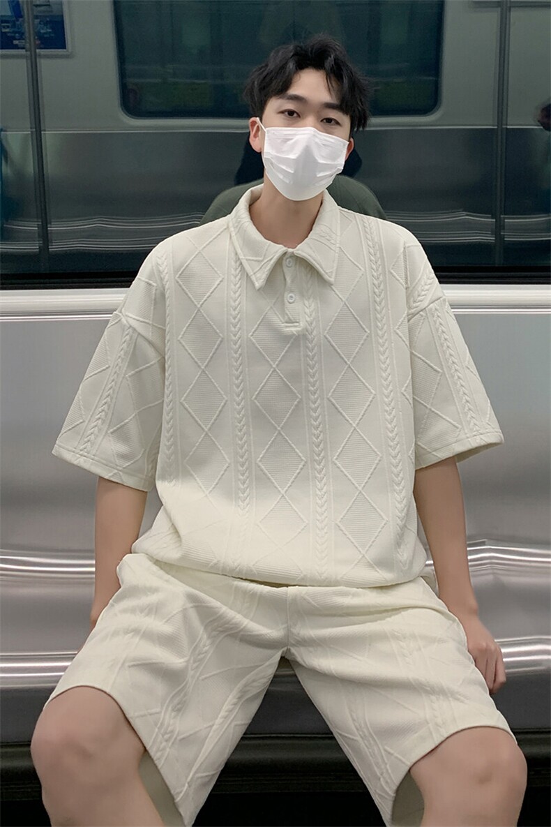特批P45无差价夏季麦穗纹亨利领男短袖短裤两件套T5114+DK5184,男装休闲套装,电商A001