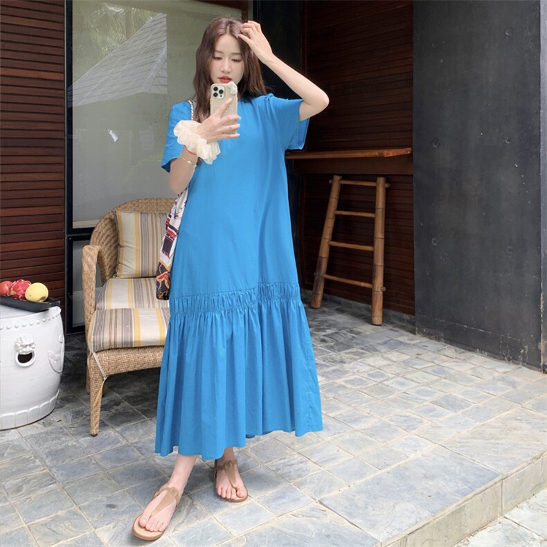 洋气显白度假风短袖连衣裙女2025夏新款韩系ins风宽松中长款裙子,女装连衣裙,2C158