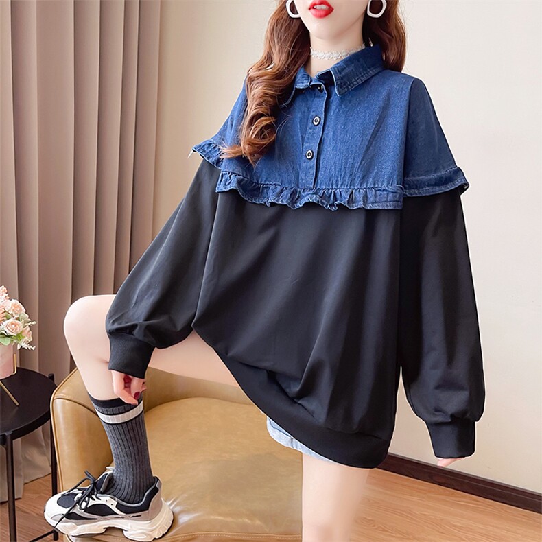 S3708韩版宽松插肩牛仔布POLO领大码女装薄款卫衣女P58，女装卫衣/绒衫，星座309B-2