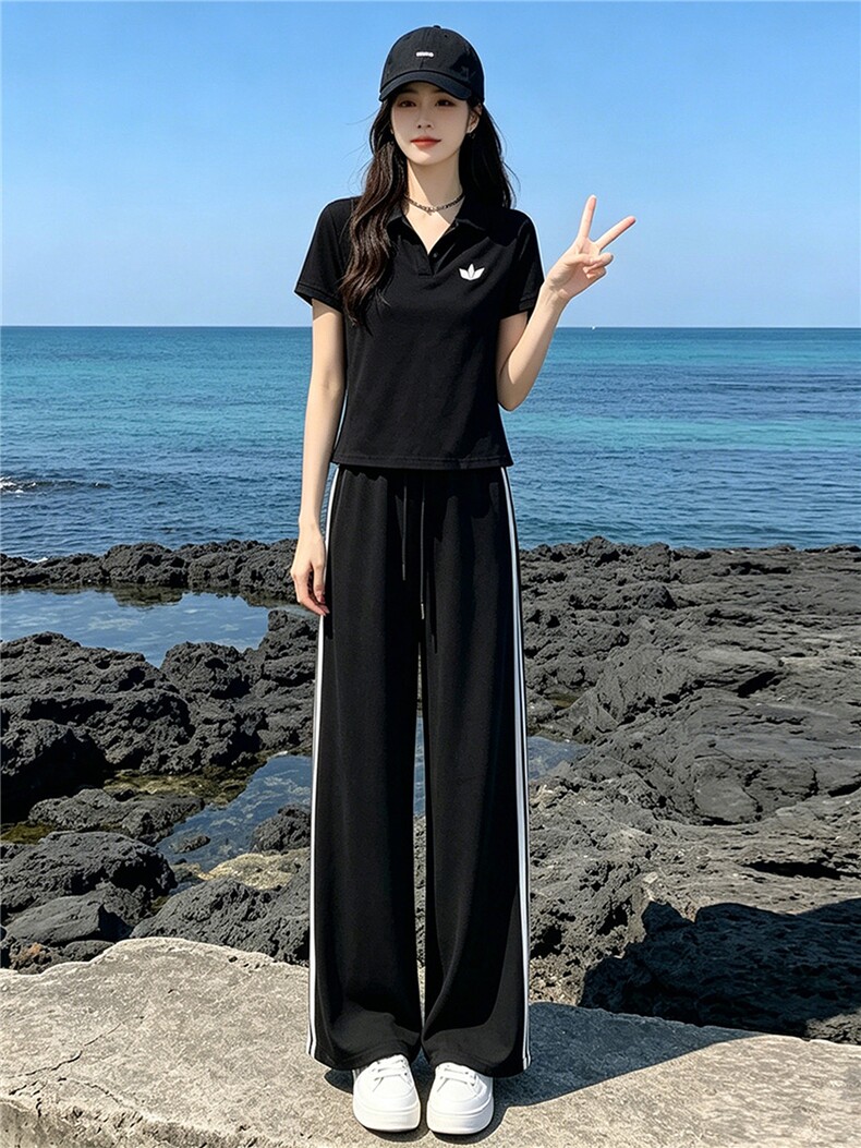 韩系穿搭一整套时尚套装女夏季新款撞色拼接半开领上衣长裤两件套,女装套装/套裙,江南