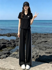 韩系穿搭一整套时尚套装女夏季新款撞色拼接半开领上衣长裤两件套，女装套装/套裙，江南