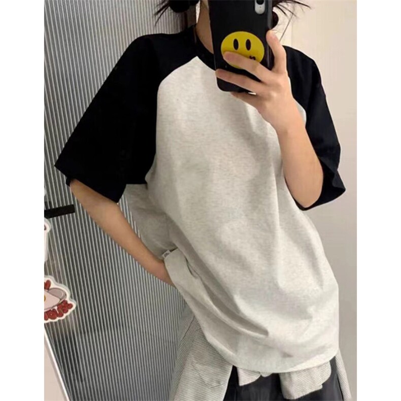 抖音得物高品质二开240克宽松纯棉美式潮牌插肩袖拼接短袖T恤,男装T恤,电商A486
