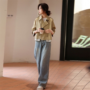 爆【现货】卡其色小个子短款风衣外套女宽松休闲上衣双排扣外套女图片