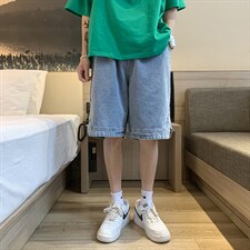 港风夏男牛仔短裤松紧腰抽绳直筒开衩浅蓝色五分裤D201-DM156-P45,男装牛仔裤,电商D321-1