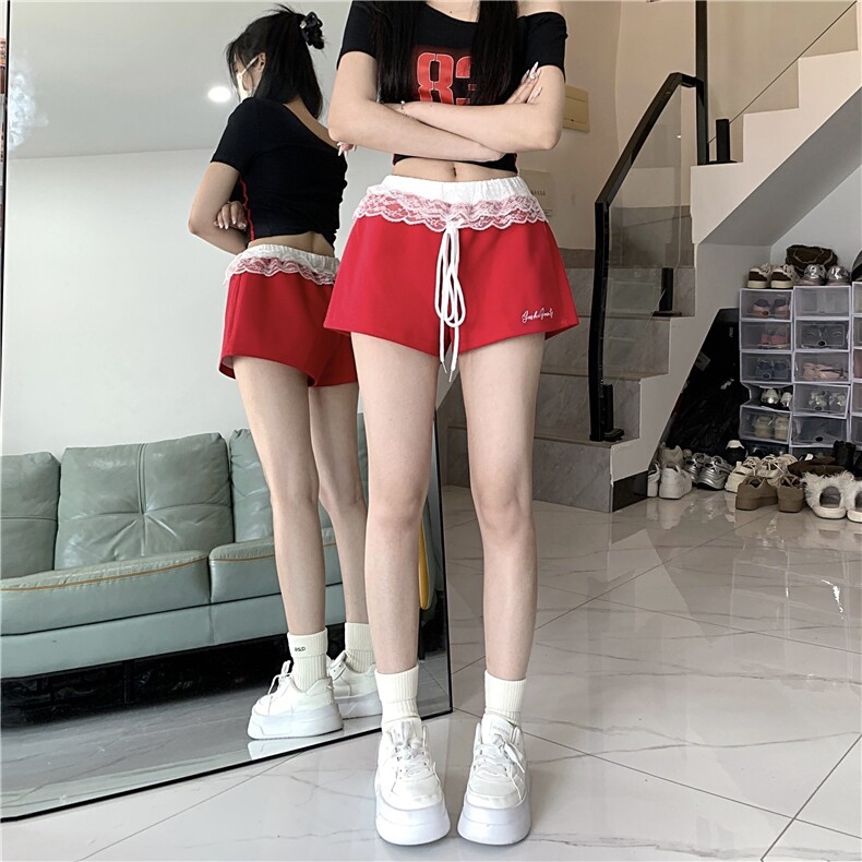 X370-P45美式蕾丝花边拼接刺绣运动短裤夏甜辣高腰休闲热裤,男装休闲裤,星座911