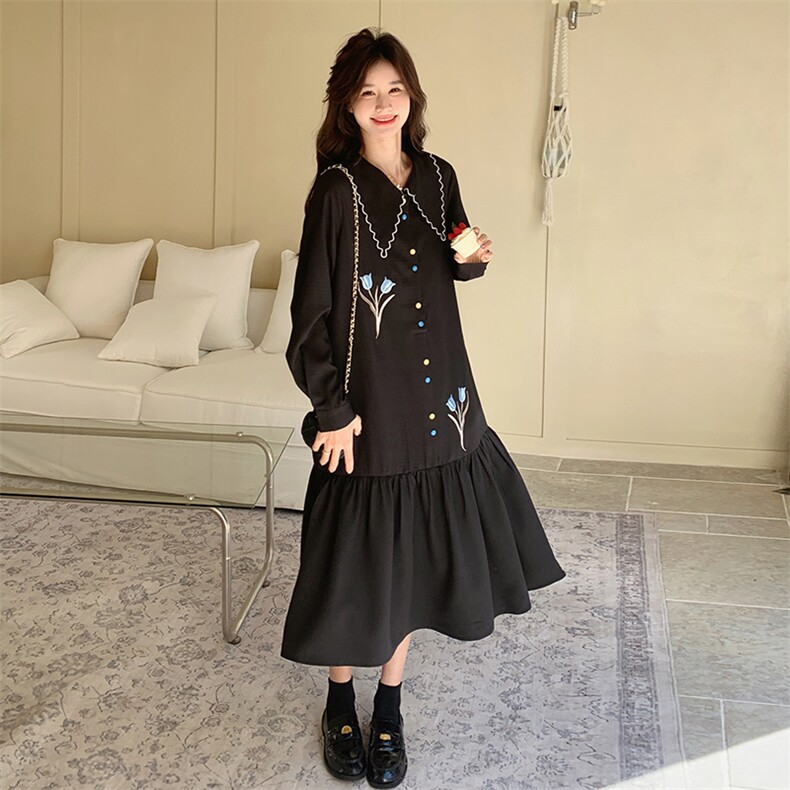 黑色刺绣娃娃领连衣裙女2025春秋季新款法式复古显瘦长袖衬衫裙,女装连衣裙,2C283
