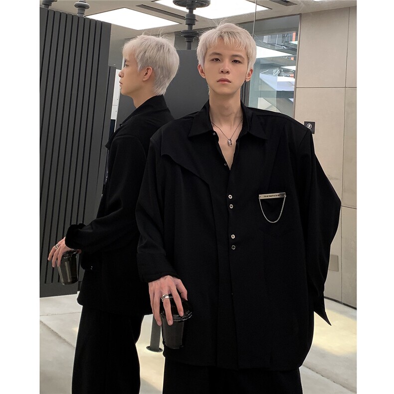 白色衬衫男小众解构垫肩长袖春秋季高级感痞帅美式廊形衬衣外套潮,男装衬衫,电商C307