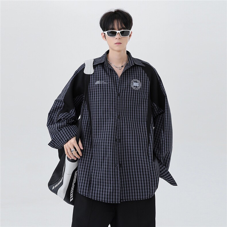 美式复古格纹衬衫男春季宽松长袖衬衣暗黑潮流翻领打底衬衫男p58图片