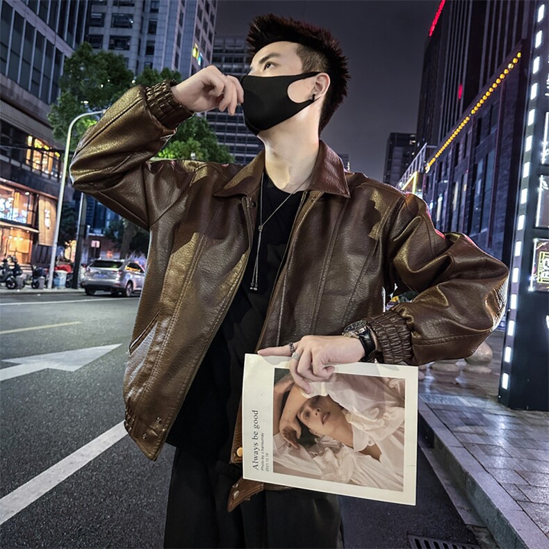 皮衣外套男翻领纯色宽松休闲皮夹克P810-P148,男装夹克,电商A368