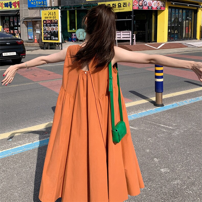 橘色无袖背心连衣裙女2024夏气质法式设计感小众压褶露背宽松长裙,女装连衣裙,浙宝276（原081）