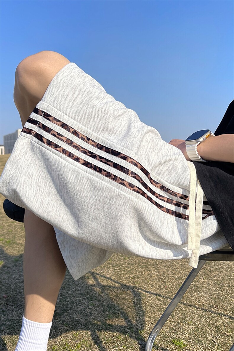 美式三条杠豹纹织带短裤男款夏季潮牌宽松休闲裤cleanfit五分裤子,男装休闲裤,电商A022