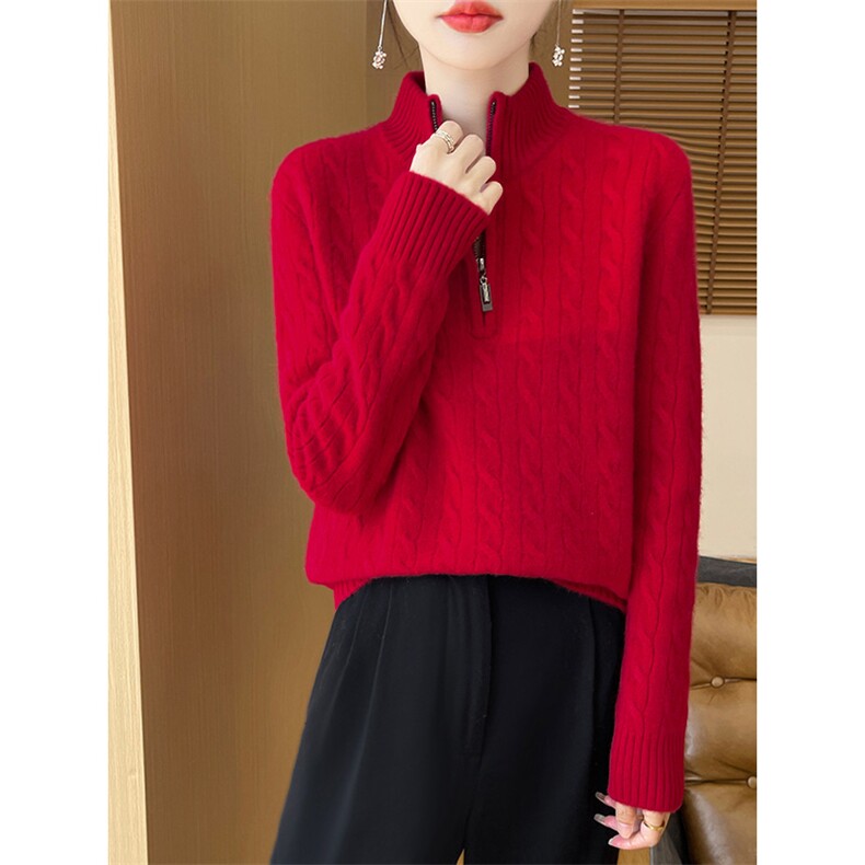秋冬季羊毛休闲百搭时尚半高拉链麻花羊毛衫，女装羊毛衫，隆格羊绒