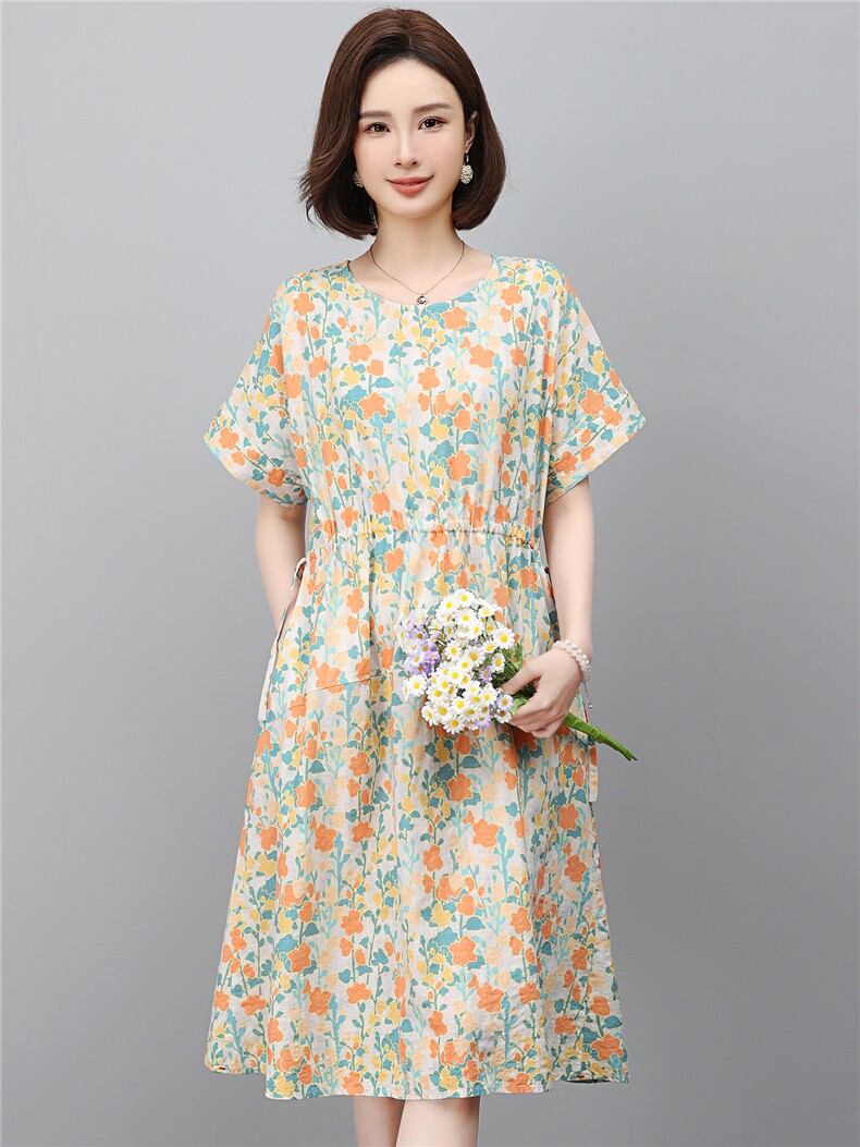 新款连衣裙女2026年夏季收腰宽松显瘦气质中长裙高端减龄休闲印花,女装连衣裙,江忆布依