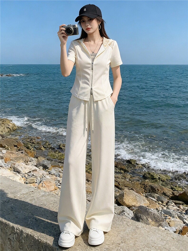 女夏季高级感休闲运动套装蕾丝连帽拉链开衫短袖卫衣阔腿裤两件套,女装套装/套裙,江南