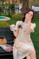 法式泡泡袖连衣裙女2025夏季新款小个子超好看独特漂亮拼接长裙子，女装连衣裙，欣美人
