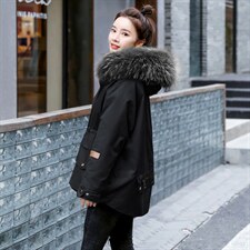 棉衣/棉服2021新款冬仿羊羔毛中长款工装带帽棉服女外套配毛领图片