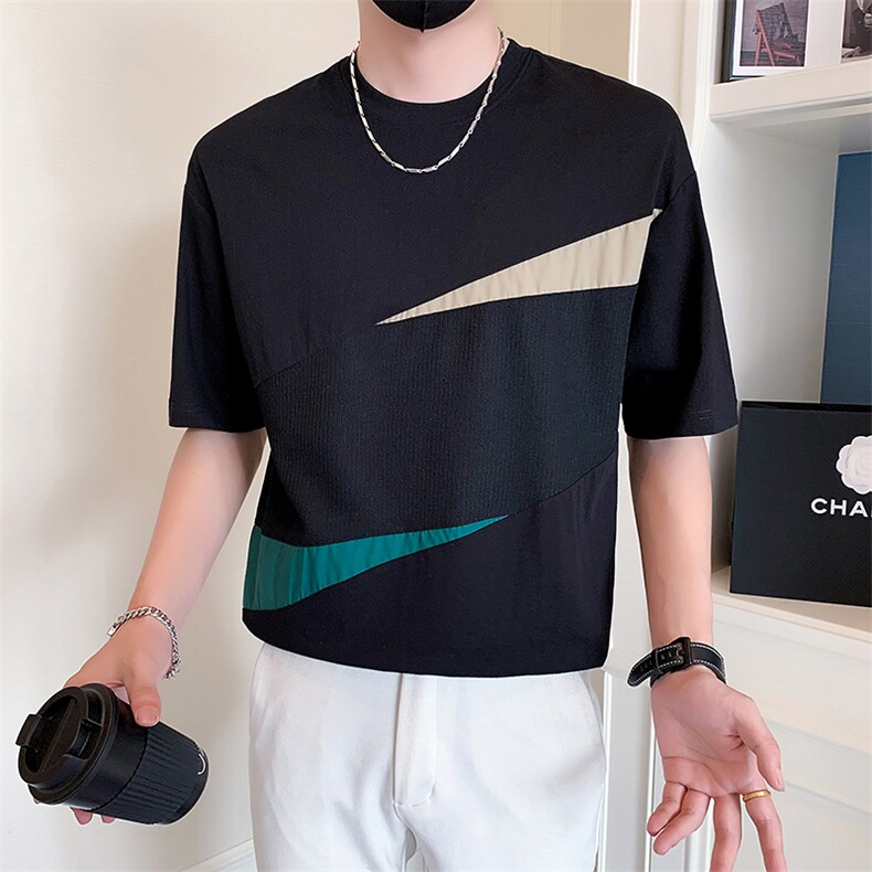 2025新款夏季短袖T恤男设计感潮牌拼接半袖体恤A313-1-K875-P55,男装T恤,电商A313-1
