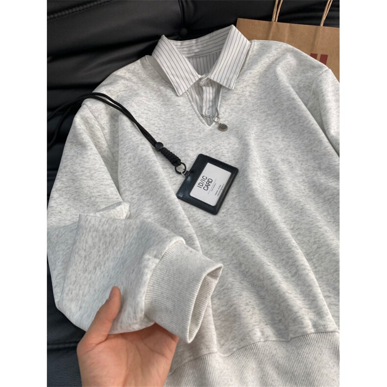 假两件条纹翻领卫衣学院风百搭时尚加绒男女设计感上衣W208，男装卫衣，星座1116A（原606A-3）