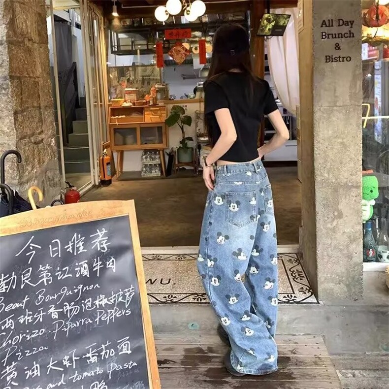 米奇印花设计感高腰牛仔裤女2025秋季新款垂感显瘦拖地裤NZA115,男装牛仔裤,星座516A