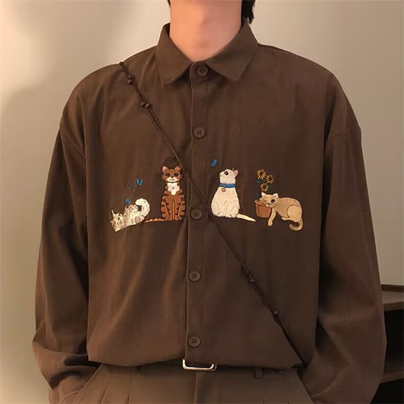 26春美式复古条纹衬衫彩色猫咪刺绣灯芯绒长袖衬衣宽松CS919-P55，男装衬衫，星座716A（原星座815-4）