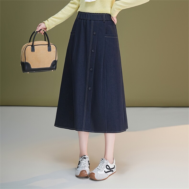 牛仔休闲半身裙女2025秋季新款高腰显瘦中长款单排扣A字遮胯伞裙，女装半身裙，艾米