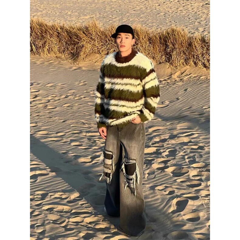 马海毛针织衫男士韩版软糯毛线衣慵懒风绿色条纹毛衣宽松圆领上衣,男装针织衫/毛衣,星座506A