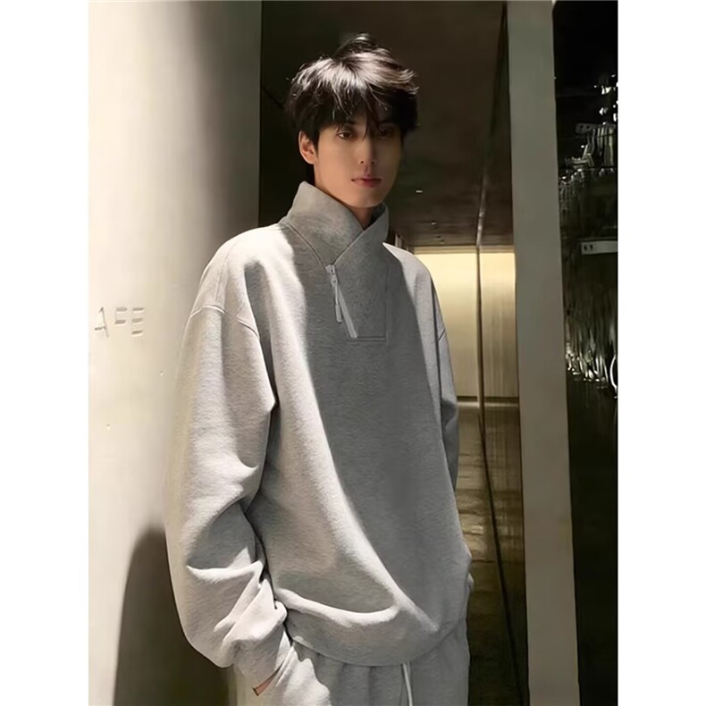 灰色斜领拉链卫衣男美式正肩立领长袖t恤内搭打底衫L80188-P40,男装T恤,星座1008