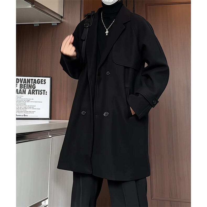 N6156/P100港风双排扣毛呢中长款呢大衣男女呢料风衣宽松长外套，男装风衣，电商A141