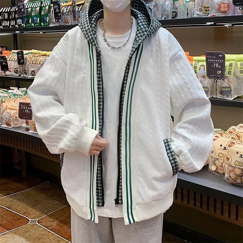美式复古vibe假两件外套男春秋千鸟格拼接夹克情侣上衣JK736-p60,男装夹克,星座1008-1
