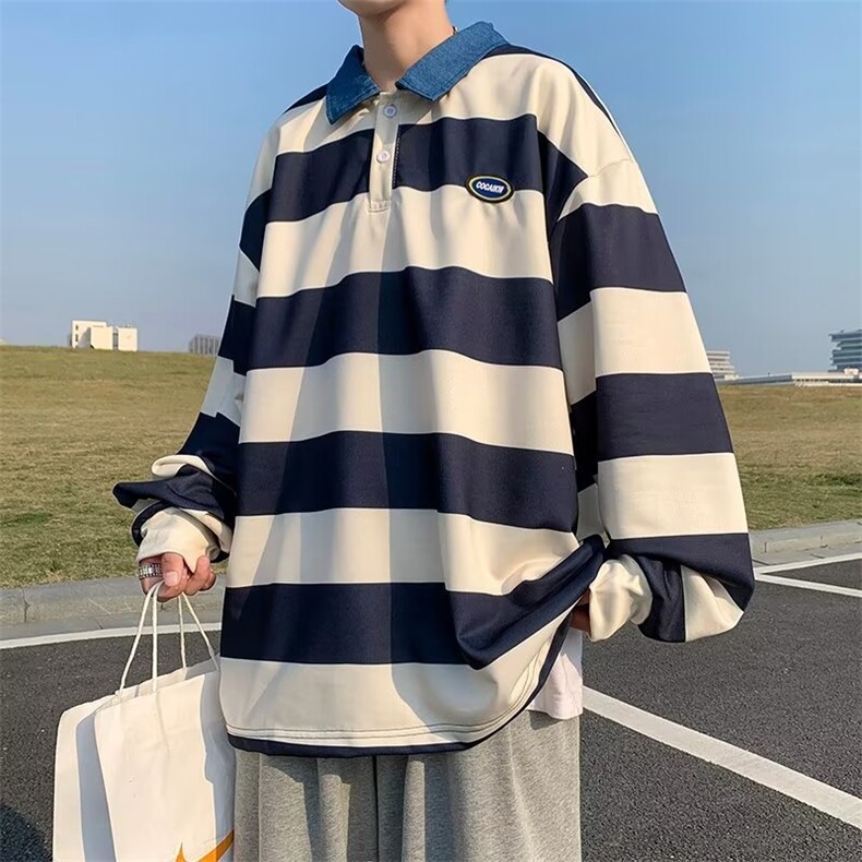 日系条纹Polo领卫衣男秋冬潮牌ins翻领美式情侣装上衣 W6377-P38图片