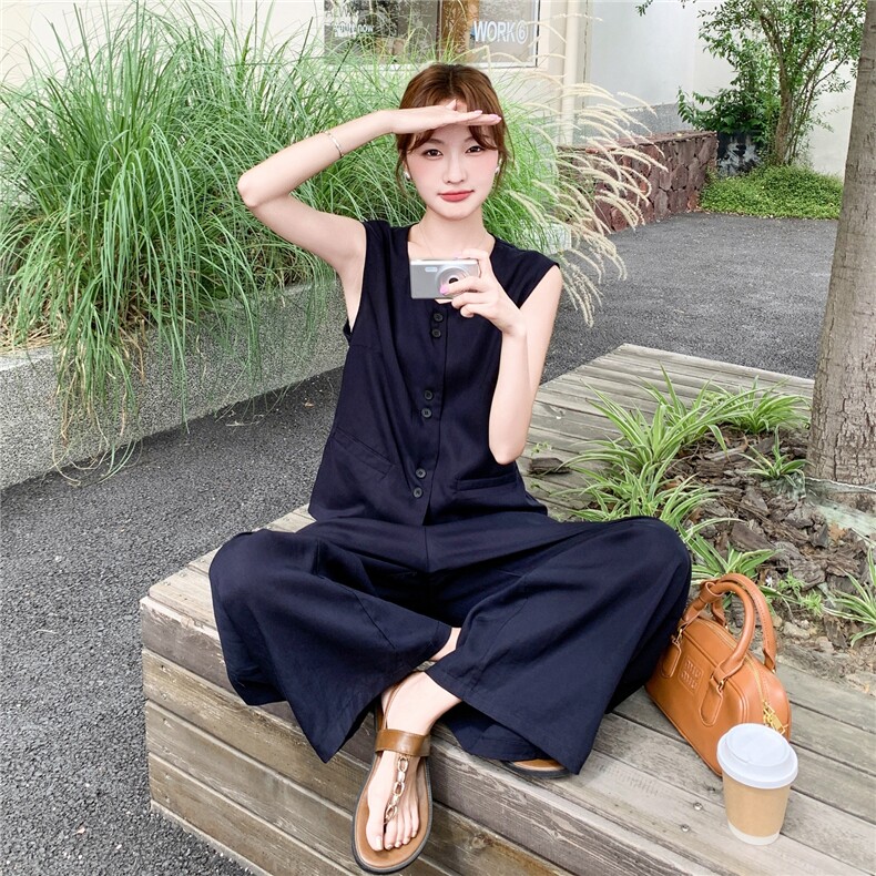 轻熟风穿搭藏蓝色天丝亚麻一整套女夏2025超火减龄马甲长裤两件套,女装套装/套裙,浙宝290（原306）