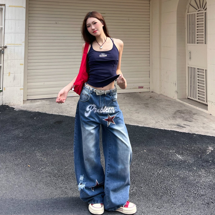美式复古设计感宽松牛仔裤女夏季直筒破洞阔腿裤潮NA17-P55,男装牛仔裤,星座208-5