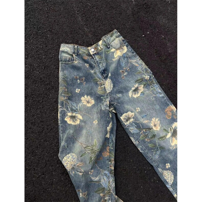 春季新款vintage美式花卉宽松阔腿牛仔裤复古着男拖地GJ165P60,男装牛仔裤,电商D256-1(原A064-1)