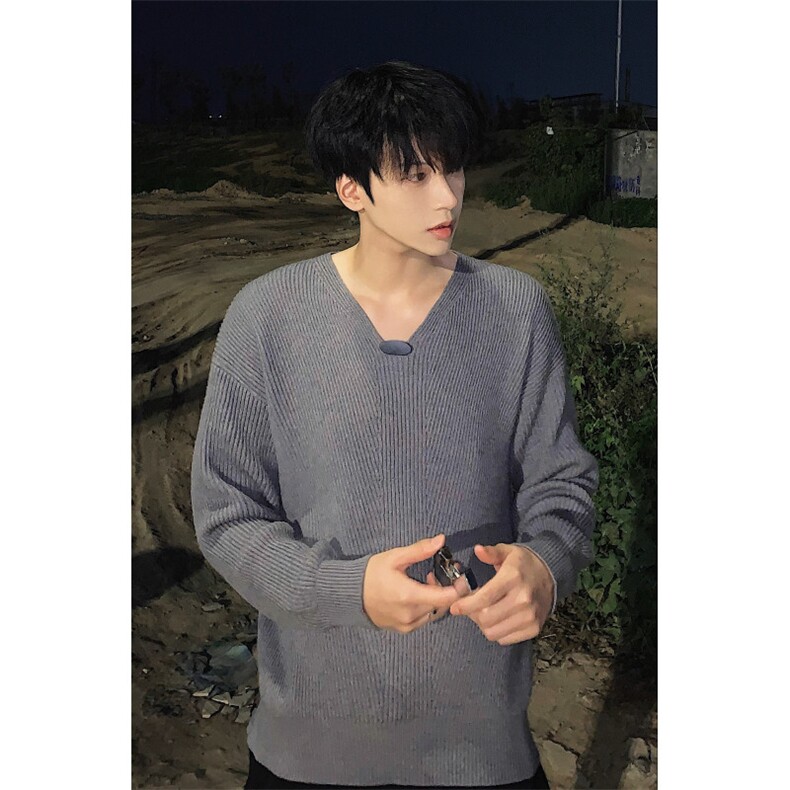 慵懒纯色V领针织衫男韩版禁欲系小众套头上衣潮T908-P78图片