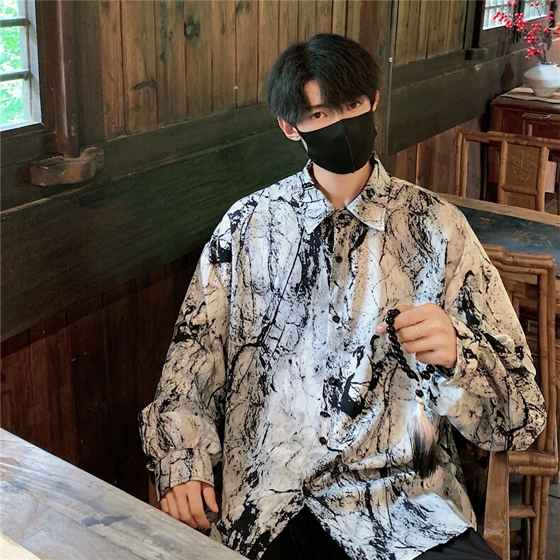 港风冰丝扎染长袖衬衣男大码风潮长袖衬衫男CS88796P35控68,男装衬衫,星座226-1