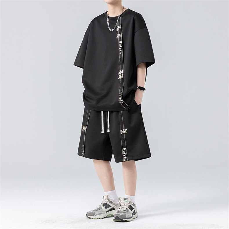 套装男夏季新款港风宽松高级感设计短袖T恤五分裤一套TZ6015特P38,男装T恤,星座301B-2（原A443-1）