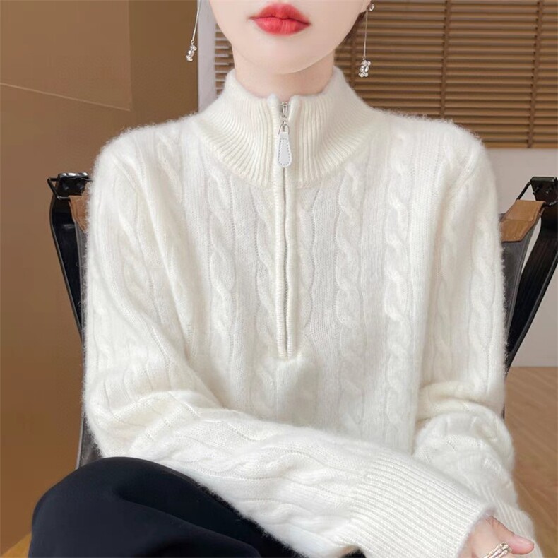 可翻领可立领老钱风麻花半拉链套头衫，女装针织衫/毛衣，昂家羊绒