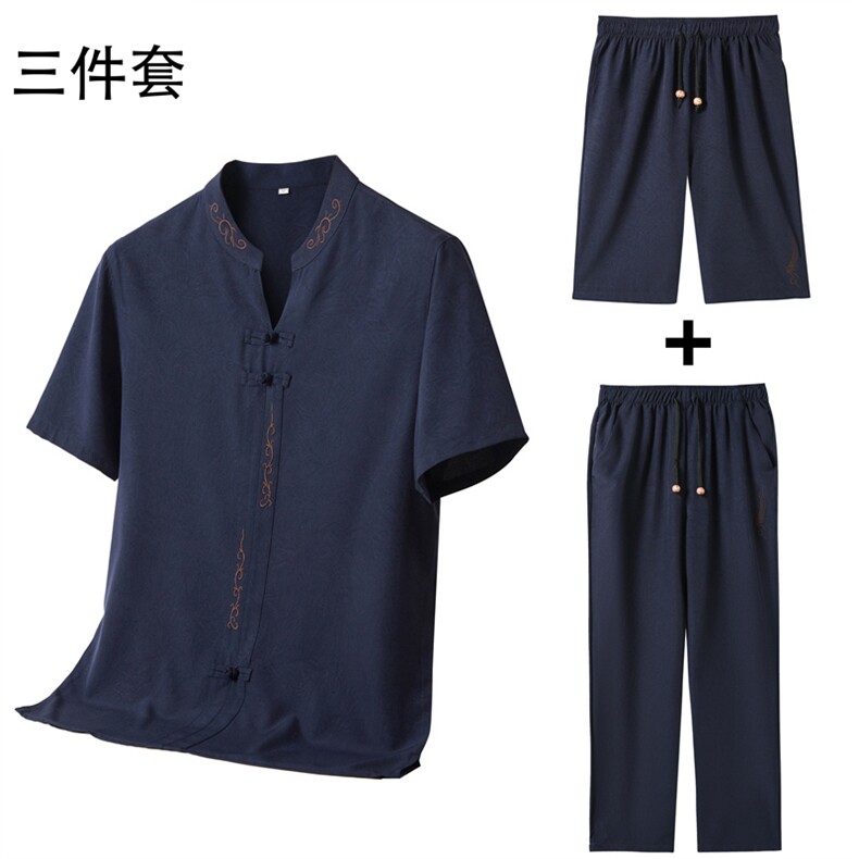 夏季风唐装短袖衬衫中老年透气中式三件套装MJ5107-P63-P115,男装衬衫,星座1105-3