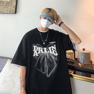 美式蝴蝶结情侣款设计感上衣夏季发泡印短袖T恤男 A071-9003-P30图片