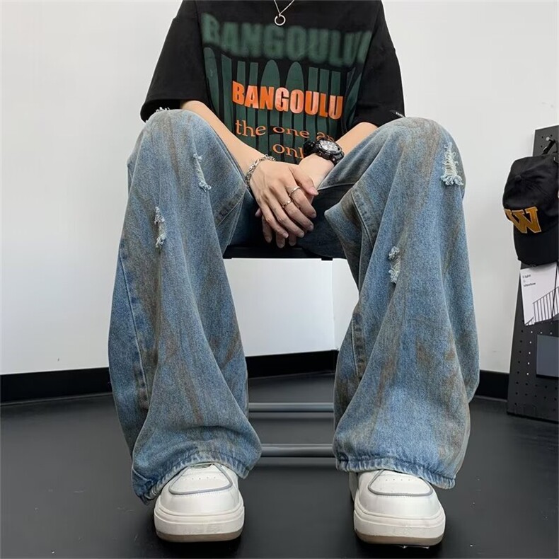 水洗做旧破洞设计牛仔裤男款美式宽松休闲百搭阔腿裤潮TG366-P46,男装牛仔裤,星座1008