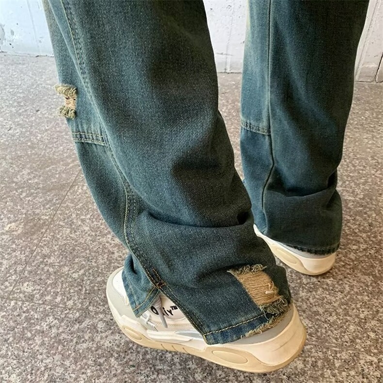 复古垂坠感破洞牛仔裤男嘻哈hiphop宽松直筒毛边拖地长裤潮牌,男装牛仔裤,星座601-2